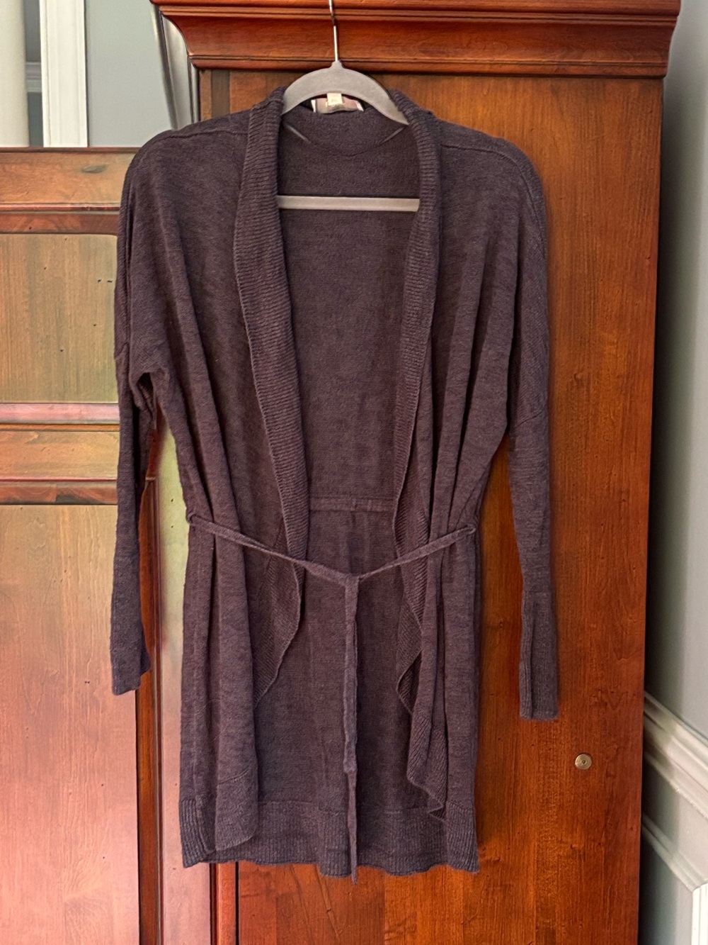 LOFT Open-Front Belted Cardigan Sweater, Dark Gray